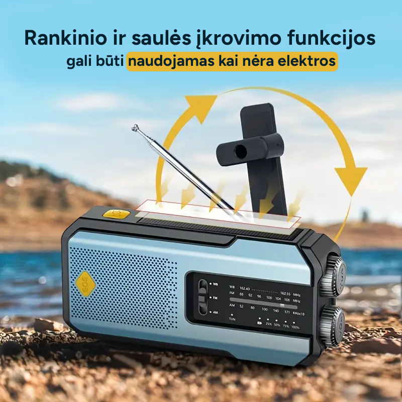 Daugiafunkcinė rankinė avarinė radija su žibintuvėliu ir įkrovikliu