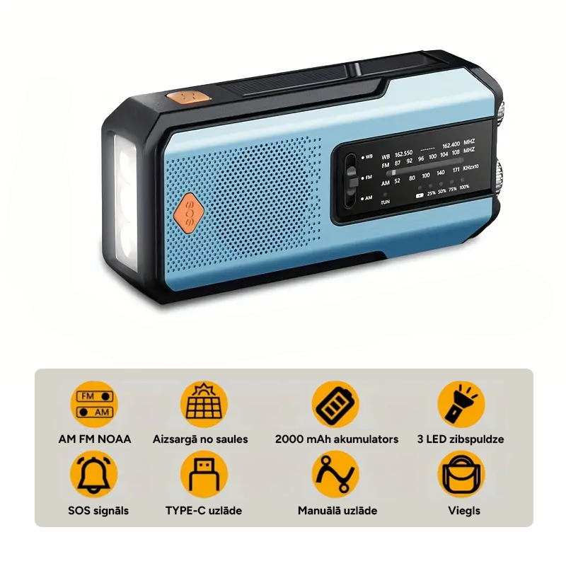 Daudzfunkcionāls rokas avārijas radio ar lukturi un lādētāju