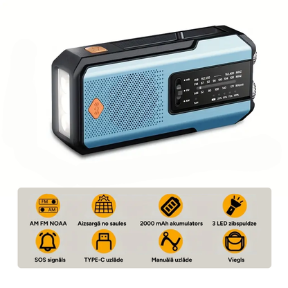 Daudzfunkcionāls rokas avārijas radio ar lukturi un lādētāju